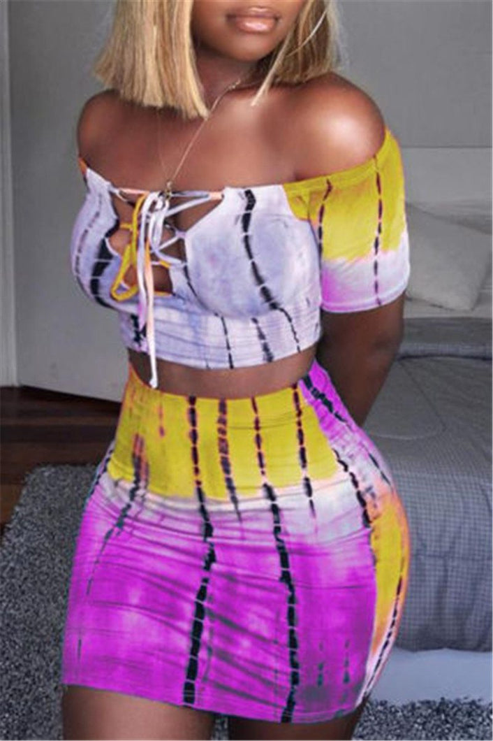 Fashion Women Crop Top Short Bodycon Evening Party Two Piece Set Printed Dress